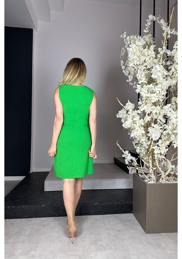 G0987 Drapeli Kolsuz Elbise Yeşil-yeşil Yeşil