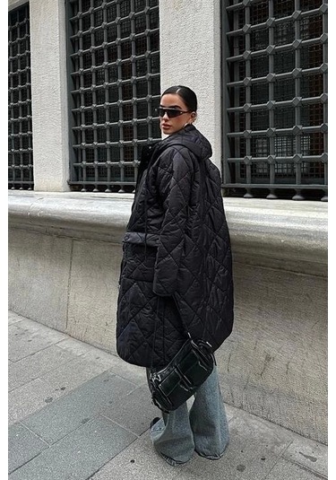 Fermuar Ve Kapşonlu Uzun Kapitone Mont 7062 Si Yah Siyah