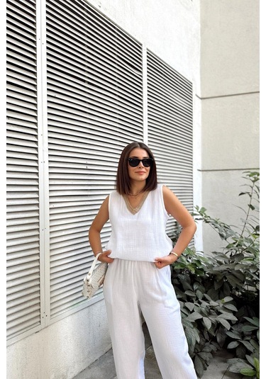 Beyaz İthal Müslin Kumaş, Basic, Katlı, Salaş Askılı Bluz & Atlet Beyaz