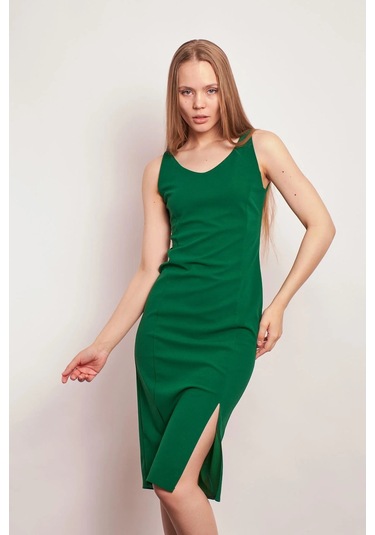 Krep Likralı Ön Arka V Yaka Kolsuz Önden Yırtmaçlı Diz Altı Elbise -b.yeşil B.yeşili