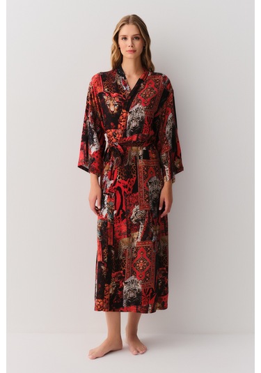 Suwen Rustic Uzun Sabahlık Sh26118615l95 Kırmızı Desenli