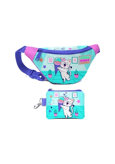Coral High Kız Çocuk Turkuaz Pembe Dondurmalı Kedi Desenli Bel Çantası Ve Bozuk Para Cüzdanı Set Çok Renkli