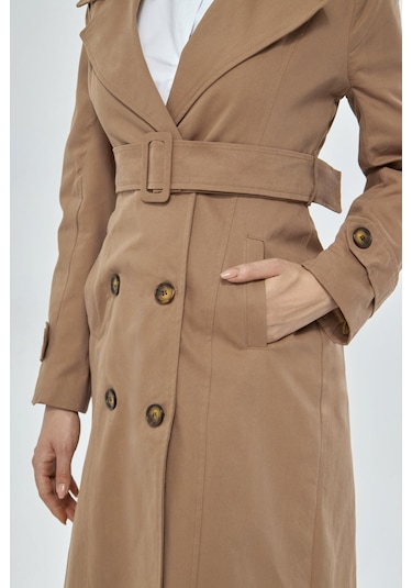 %100 Pamuk Ekstra Uzun 120cm Kruvaze Kadın Trençkot 1121 Koyu Bej