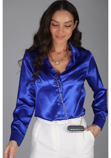 Sweetness Kadın Saks Mavi Saten Uzun Kol Abiye Gömlek Mavi