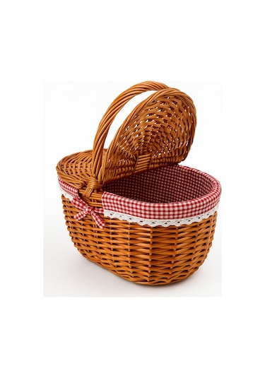 Kırmızı Ekoseli Kapaklı Piknik Sepeti 40x30x19 Cm Hasır Görünümlü Termoform Sepet Kahverengi