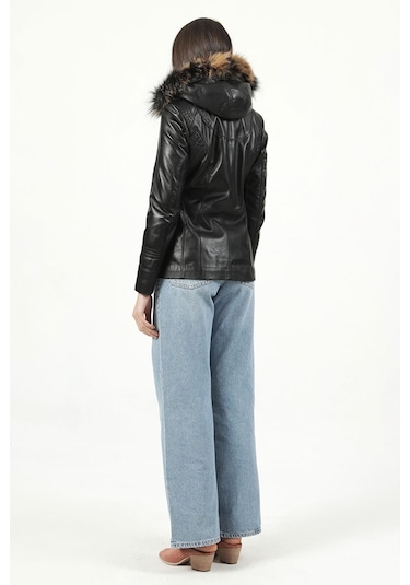 Dericlub Mistral Kadın Kapüşonlu Hakiki Deri Kaban Siyah Siyah