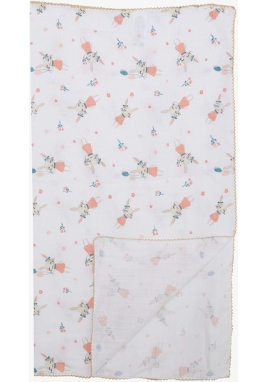 Breeze Yenidoğan Bebek Müslin Battaniye Mutlu Tavşancık Desenli Ekru - Ekru