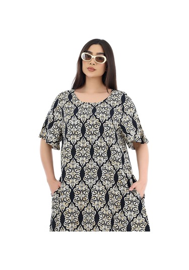Kadın Viskon Yarım Kol O Yaka Cepli Fırfırlı Elbise Desenli Çok Renkli