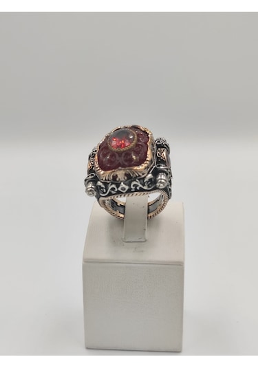 Kırmızı Kehribar Taşlı Çiçekli İslam Usta Eseri 925 Ayar 24 Mm