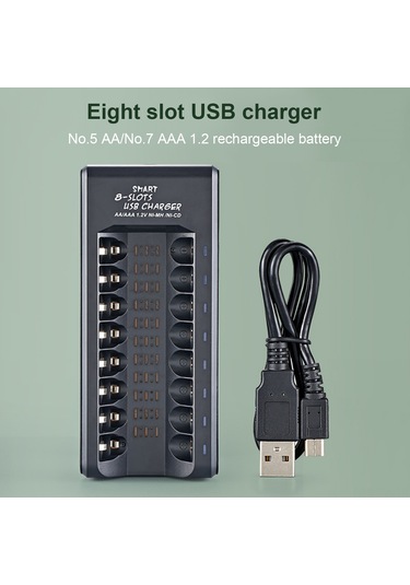 Xindoker Siyah 8 Hücreli Ni-mh Pil Şarj Cihazı, 1.2v Aa/aaa Pil Desteği, Tam Şarjda Işık Sonması, Usb İle Hızlı Kullanıma Hazır