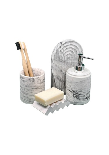 Betonmall 4 Parça Mermer Desenli Beton Banyo Seti Katı Ve Sıvı Sabunluk Diş Fırçalık Sunum Tepsisi Siyah Beyaz Siyah - Beyaz