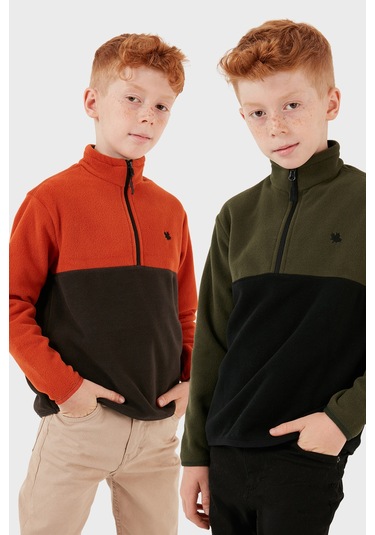 Lela Yumuşak Dokulu Yarım Fermuarlı Renk Bloklu Dik Yaka 2'Li Paket Çocuk Polar 5905004S2 Haki Siyah-Orange Antrasit