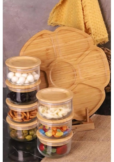 Duo - 7'li Dönen Tepsili Bambu Silikonlu Kapaklı Hava Aldırmaz Cam Kahvaltılık 300 Ml Kahverengi