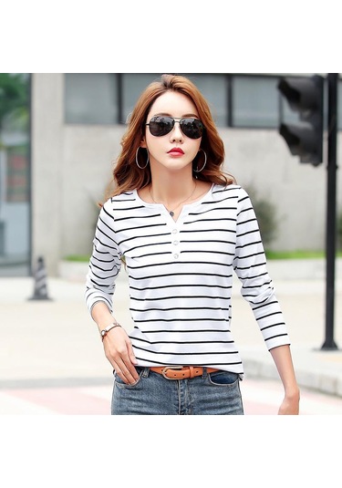 Pamuklu Tişört Kadın Uzun Kollu Çizgili T Gömlek İlkbahar Sonbahar Kadın Giyim Gömlek Bluz Tops Gri