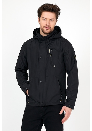 Sivaist Yeni Sezon Erkek Siyah Softshell Kapüşonlu Iç Cepli Mont