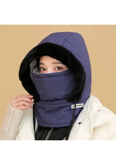 Kulak Korumalı Rüzgar Ve Kar Maskeli Boyun Atkısı Entegre Şapka Lacivert