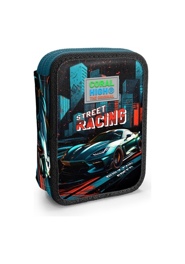 Coral High Kids Siyah Nefti Yarış Arabası Desenli Çift Katlı Kalem Çanta 11151 Antrasit