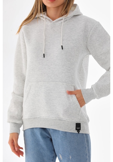 Everest Everst Kapüşonlu 3 İplik Şardonlu Cepli Sweatshirt Karmelanj Kar Melanj