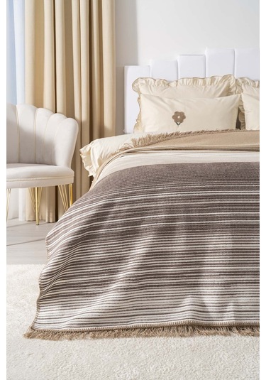 Veloura Bej Çift Kişilik Püsküllü Battaniye Çok Renkli