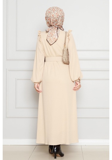 Omuzu Fırfır Kemerli Elbise-bej-4561 Bej