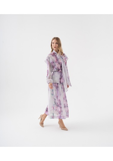 Fırfır Detaylı Transparan Çiçek Desenli Bağlama Yakalı Takım Lila