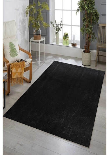 Siyah Fluffy Post Peluş Halı Antibakteriyel Kaymaz Taban