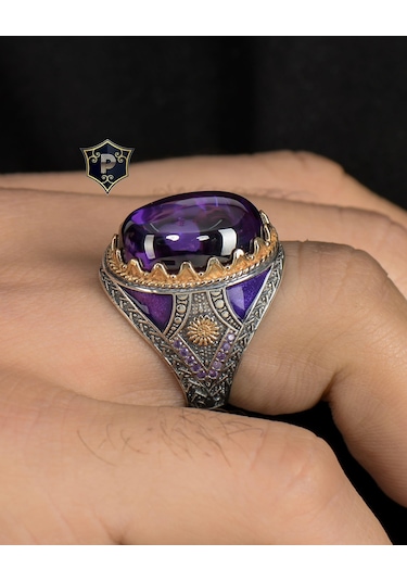 Ametist Taşlı 925 Ayar Gümüş Erkek Yüzüğü Zirkon Taş Süslemeli 800343