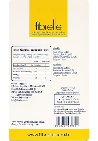Fibrelle Sukralozlu Tablet Tatlandırıcı 100'lük Cep