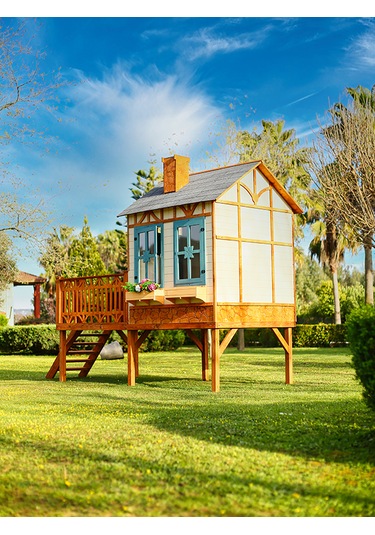 Mandu Ahşap Yerden Yüksek Ağaç Oyun Evi Çok Renkli
