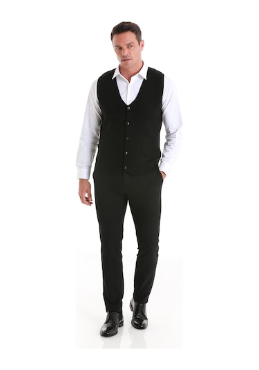 Siyah Regular Fit Düz V Yaka Triko Yelek 34171023a002 002
