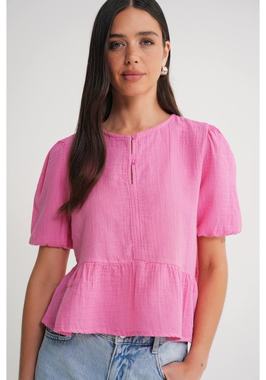 4713 Kadın Beli Büzgülü Kolu Lastikli Bol Müslin Bluz Pembe Pembe