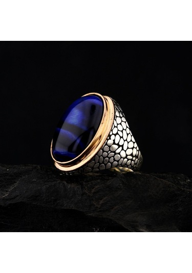 925 Ayar Gümüş Mavi Kaplan Gözü Taşlı Duvar Desenli Erkek Yüzük Çok Renkli