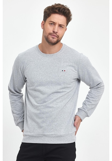 MMetalic Erkek Gri Bisiklet Yaka Nakış Detaylı Regular Fit Sweatshirt 001