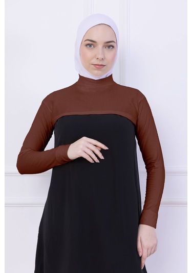 Balıkçı Yaka Boyunluklu Kolluk Kiremit - Likralı Dik Yakalı Kadın Body Tesettür Crop Bolero Kiremit
