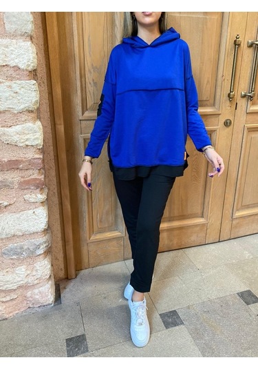 Modaserdem Kadın Kapşonlu Etek Ucu Detay Armalı Ters Dikiş Gorunumlu Ikili Takım Mavi