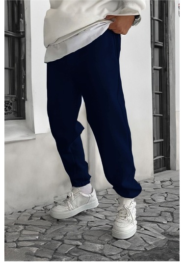 Smile Face Lacivert Jogger Eşofman Altı - Paça Baskı Detaylı Lastik Paça Baskılı Rahat Tarz Lacivert