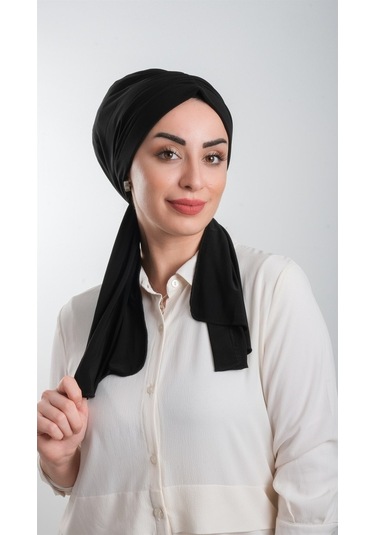 Siyah Pratik Hazır Geçmeli Tesettür Bone Kesik Elyaf Sade 2111_01 Siyah