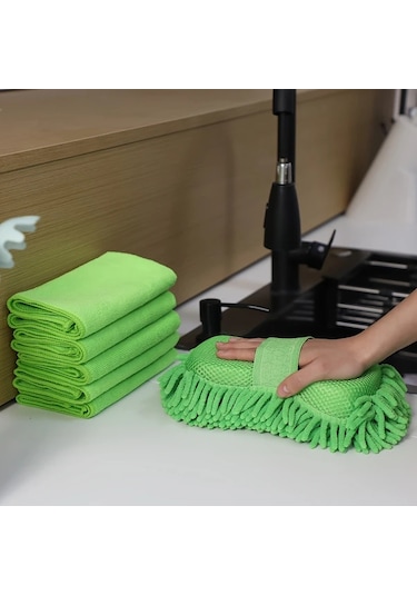 Honeybeeshop 6 Adet Mikrofiber Araba Yıkama Seti Yeşil Chenille Sünger 5 Havlu Süper Emici Çiziksiz