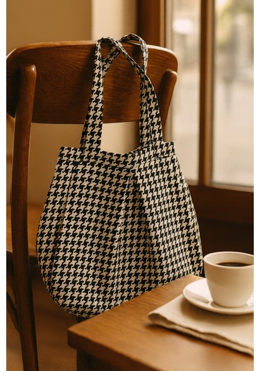 Yunusoğlu Home Siyah Beyaz Çok Amaçlı Premium Oversize Kazayağı Orta Boy Kanvas Kadın El Ve Omuz Çantası Siyah Beyaz Kazayağı