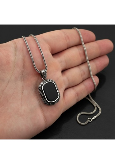 925 Ayar Gümüş Sarmaşık Desenli Oniks Taşlı Kolye Gümüş