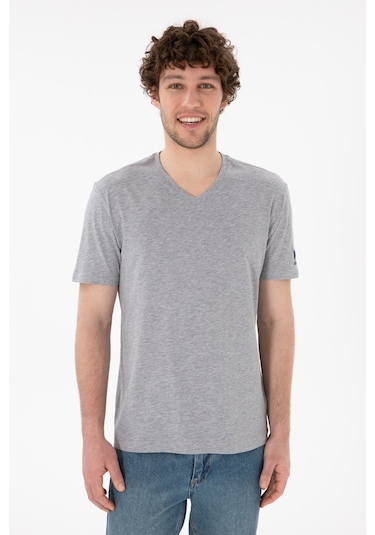 U.S. Polo Assn. Erkek Regular Fit  V Yaka Gri Melanj Basic Tişört 50305858-VR086