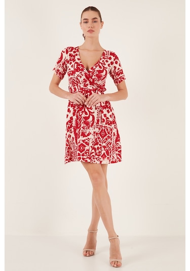 Lela Desenli Kruvaze Yaka Regular Fit Bayan Elbise 5865723 Bordo