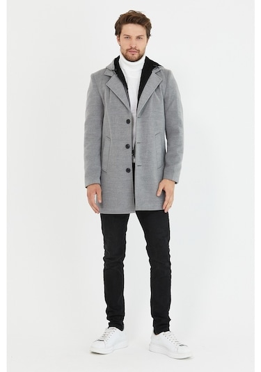 Erkek Açık Gri Yün Karışımlı Kaşe Kapüşonlu Önü Fermuarlı Kaban-Açık Gri