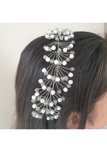 Beyaz Renk Incili Ve Kristal Boncuklu Gelin Tacı (549117933)
