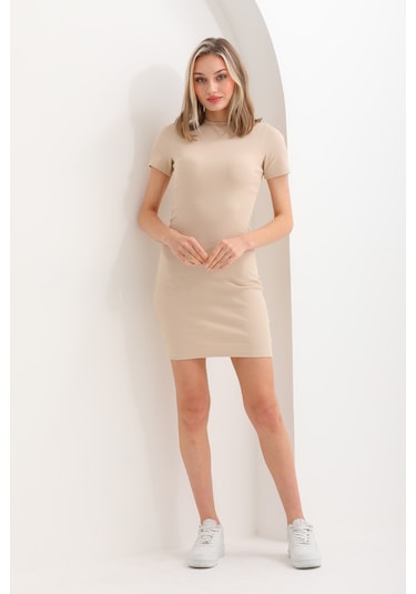 Kallima Bej Kısa Kollu Mini Fitilli Esnek Kalem Elbise