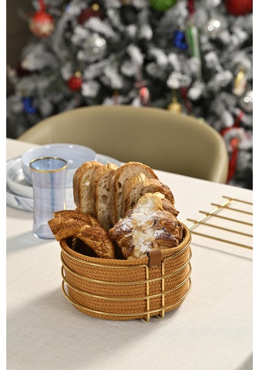 Altın Yuvarlak Ekmek Sepeti Şık,ekmeklik Hardal Hasır Örmeli Makrome-çok Amaçlı Metal Paslanmaz Altın