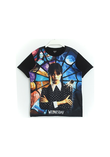 3D Baskılı Kız Çocuk Wednesday Addams T-Shirt Siyah