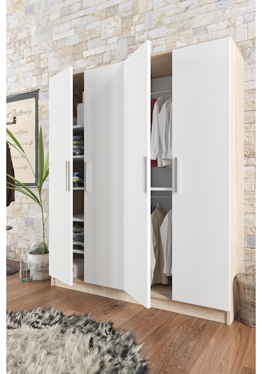 Ae-1059 Milano Beyaz Sonomo 4 Kapaklı Gardırop 11 Raflı 2 Askılık