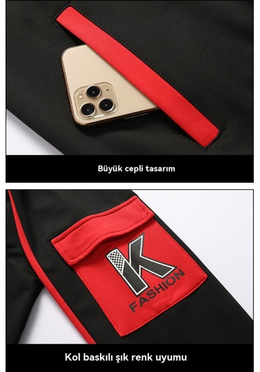 Kapüşonlu Rahat Spor Bol Trend Erkek Ceketi Siyah Ve Kırmızı