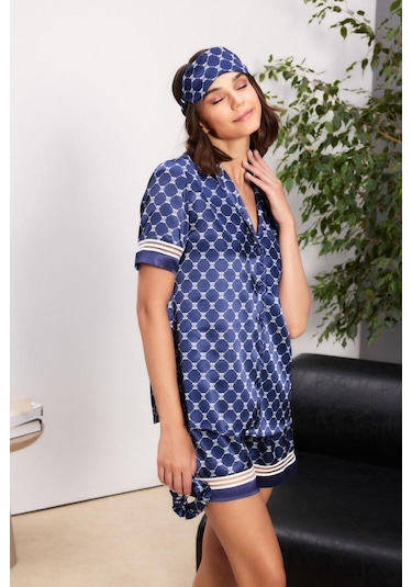 Pierre Cardin 1325 Kadın Saten Biyeli Kısa Kol Şort Pijama Takımı lacivert